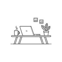 A black and white drawing of a computer monitor and a tea cup and plant on a table vector
