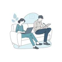 Young man and woman using technology and internet, sitting on sofa, using electronic devices laptop and smartphone together vector