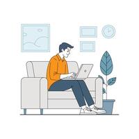 A person working from home sitting on a couch with a laptop vector