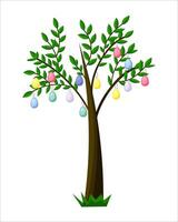 Easter tree. Spring tree with colorful Easter eggs. Green blossoming leaves. White background vector