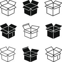 Open Box icon set. Open the package icon. Open product cardboard carton paper parcel sign. Cardboard icon trendy design template. Box Packaging symbol illustration. vector