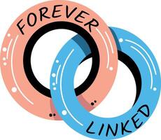 A pair of interlocking rings with the words linked forever written on them, a flat sticker vector