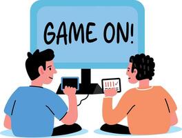 Flat sticker of two friends playing together, with the words game on displayed on a screen vector