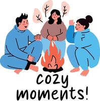 Flat sticker of people sitting around a campfire, enjoying cozy moments vector