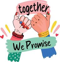 Flat sticker of hands locked in a pinky promise with together typography vector