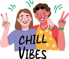 Happy friends with chill vibes typography, flat style sticker vector
