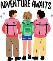 A flat sticker of group of friends with adventure awaits typography vector