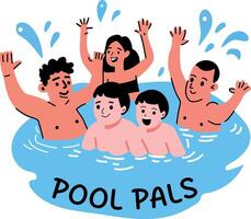 A flat sticker of group of friends playing in water with pool pals typography vector