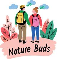Flat sticker of a couple walking together in a forest with nature buds typography vector