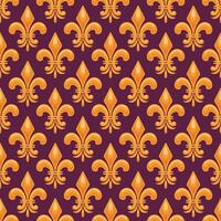 Mardi Gras-themed seamless background featuring a royal fleur-de-lis design in gold, complemented by diagonal patterns and dotted accents, inspired by the culture of New Orleans. vector