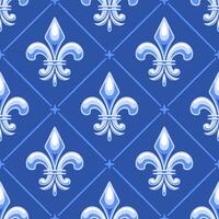 A seamless Mardi Gras-inspired background featuring a royal blue fleur-de-lis pattern complemented by diagonal patterns and dotted accents inspired by New Orleans culture vector