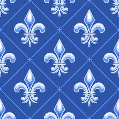 A seamless Mardi Gras-inspired background featuring a royal blue fleur-de-lis pattern complemented by diagonal patterns and dotted accents inspired by New Orleans culture