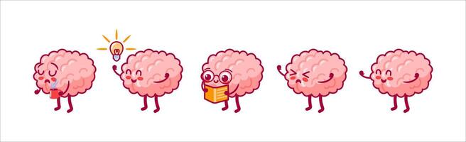Set of cute characters in kawaii style. Brain with glasses reading a book, insight. Brain with glasses reads a book, sleepy brain with coffee. nervous system. mental health. Cognitive function vector