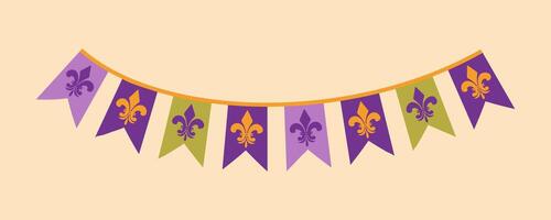 Garland for the Mardi Gras carnival from flags with a fleur-de-lis, a symbol of tradition. These graphics are ideal for design projects, showcasing intricate detail and a classic style ideal for a vector