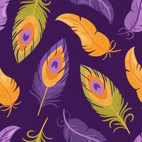 Bright seamless pattern of multi colored peacock and parrot feathers in boho style. This illustration showcases intricate details and flowing design, ideal for creative projects or home decor. vector