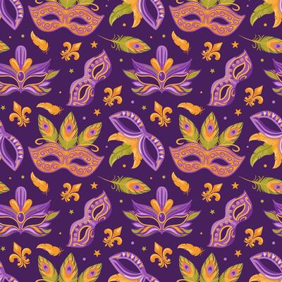 Bright carnival masks decorated with colorful feathers and fleur de lis for Mardi Gras celebrations. Seamless pattern. illustration in flat style is ideal for wallpaper, textile, background.