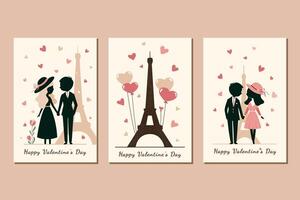 set with romantic couple on the beige background with eifel in minimalist style. art with group of black silhouettes of couples vector