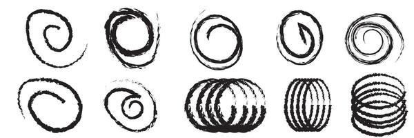 set of illustration of hand drawn chalk circles isolated on black background, Collection charcoal strikethrough lines and thin ovals. Set of different doodle underlines, rough round shapes. vector