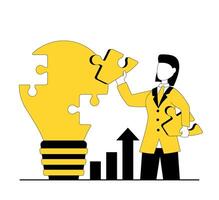 Business Idea. A businessman assembles a light bulb from puzzles vector
