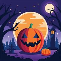 a flat illustration of a helloween pumkin with dark blue background vector