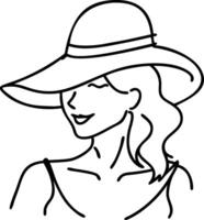 Elegant Woman with Wide Brim Hat Line Art Illustration vector