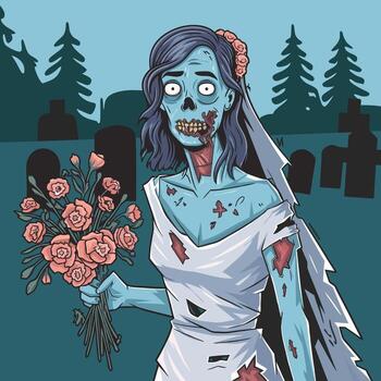 Zombie Bride Holding Roses in Spooky Cemetery Embracing Halloween Theme Art vector