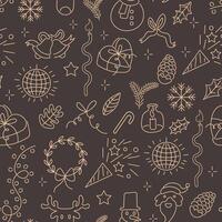 seamless pattern with Christmas celebrating linear doodle elements on black background vector