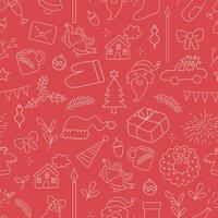 seamless pattern with Christmas linear doodle elements on red background vector