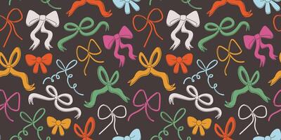 seamless pattern with colored ribbon bows in doodle style on black background vector
