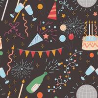 seamless pattern with colored celebrating doodle elements on black background vector