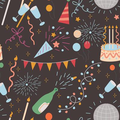 seamless pattern with colored celebrating doodle elements on black background