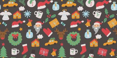 seamless pattern with Christmas and New Year doodle characters and elements on dark background vector