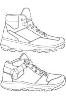 Set of hiking boots illustration. Outline set boots. Side view hiking boots isolated with white background. vector