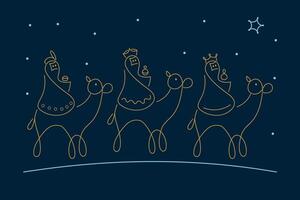 Minimalist Christmas illustration of the three wise men following the star in linear design vector
