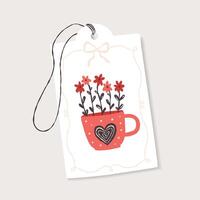 tag with red flowers in a cup for Valentine's Day, illustration in flat style vector