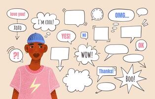 Set of doodle speech bubbles for communication or discussion. Hand drawn sketch elements. Think or talk clouds in different forms for social media and chats. Isolated objects. vector