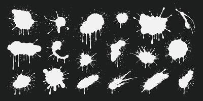White paint splashes, ink drops, grunge liquid drips and splashes. Stains with scattered and dripping droplets on black background. Isolated sprayed elements. Blobs of various shapes. vector