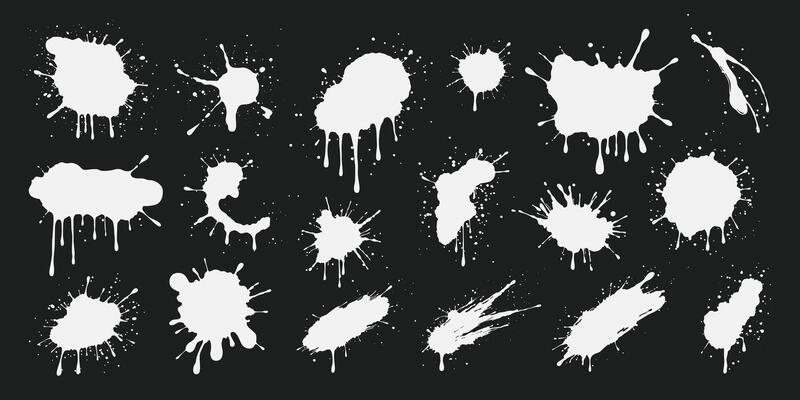 White paint splashes, ink drops, grunge liquid drips and splashes. Stains with scattered and dripping droplets on black background. Isolated sprayed elements. Blobs of various shapes.