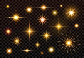 Light effect set with glowing golden stars, sparks, flares, glares, sunrays. Isolated highlight design elements on dark background for web, birthday, new year designs. vector
