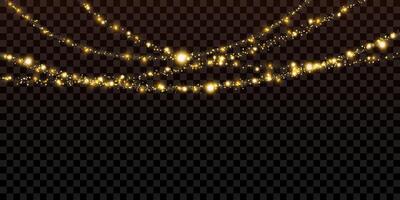 Tinsel golden garlands with glitter, stars, flares, glare, sparkles. Isolated decorative element with light effect. Transparent lights for New Year and Xmas designs. vector
