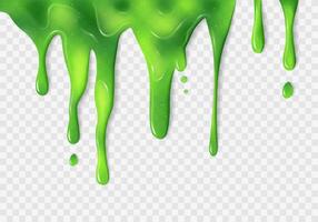 Dripping glossy neon green slime with glitter. Transparent texture with mucus and droplets. Isolated abstract element for creepy backgrounds, Halloween, alien concept. vector