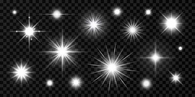 Light effect set with glowing white stars, sparks, flares, glares, sunrays. Isolated transparent highlight design elements on dark background for web, birthday, new year designs. vector