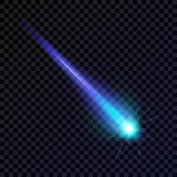 Light effect with a burning comet highlight, meteor, shooting star, laser beam. Realistic blue design element. Isolated neon ray on a dark background. Perfect for cosmic designs. vector