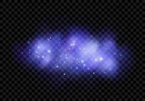 Magic blue cloud, smoke, fog, gas, smog with glitter, flare, sparkles, stars, particles. Abstract neon texture with light effect. Isolated transparent airy element on dark background. vector