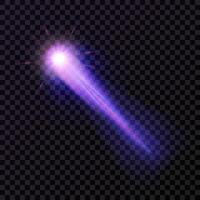 Light effect with a burning comet highlight, meteor, shooting star. A transparent purple design element. An isolated neon ray on a dark background. Perfect for space designs. vector