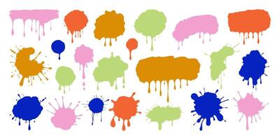 Multicolored paint splashes, ink drops, grunge liquid drips and splashes. Stains with scattered and dripping droplets. Isolated sprayed elements. Flat blobs of various shapes. Abstract textures. vector