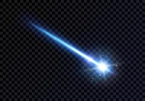 Light effect with a burning comet highlight, laser beam, meteor, shooting star. A realistic blue design element. An isolated neon ray on a dark background. Perfect for space designs. vector