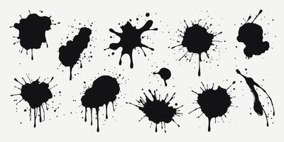 Black paint splashes, ink drops, and liquid drips. Grunge stains with scattered droplets and flowing splatters. Isolated sprayed elements in abstract shapes. Blobs and stains. vector