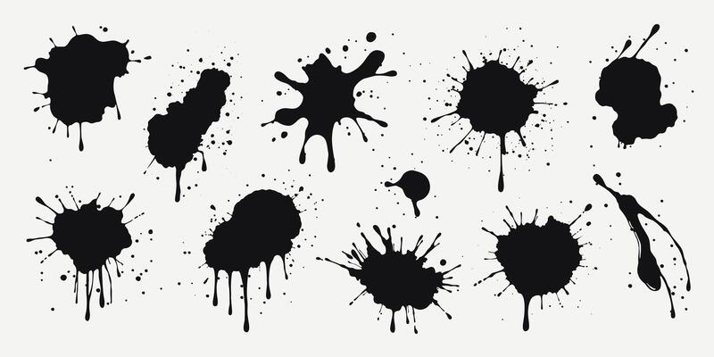 Black paint splashes, ink drops, and liquid drips. Grunge stains with scattered droplets and flowing splatters. Isolated sprayed elements in abstract shapes. Blobs and stains.