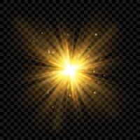 Transparent light effect. Golden sunlight, sun, laser beams, sunrays with flares and sparkles. Abstract isolated element for web, birthday, New Year, and festival designs. Bright illustration. vector